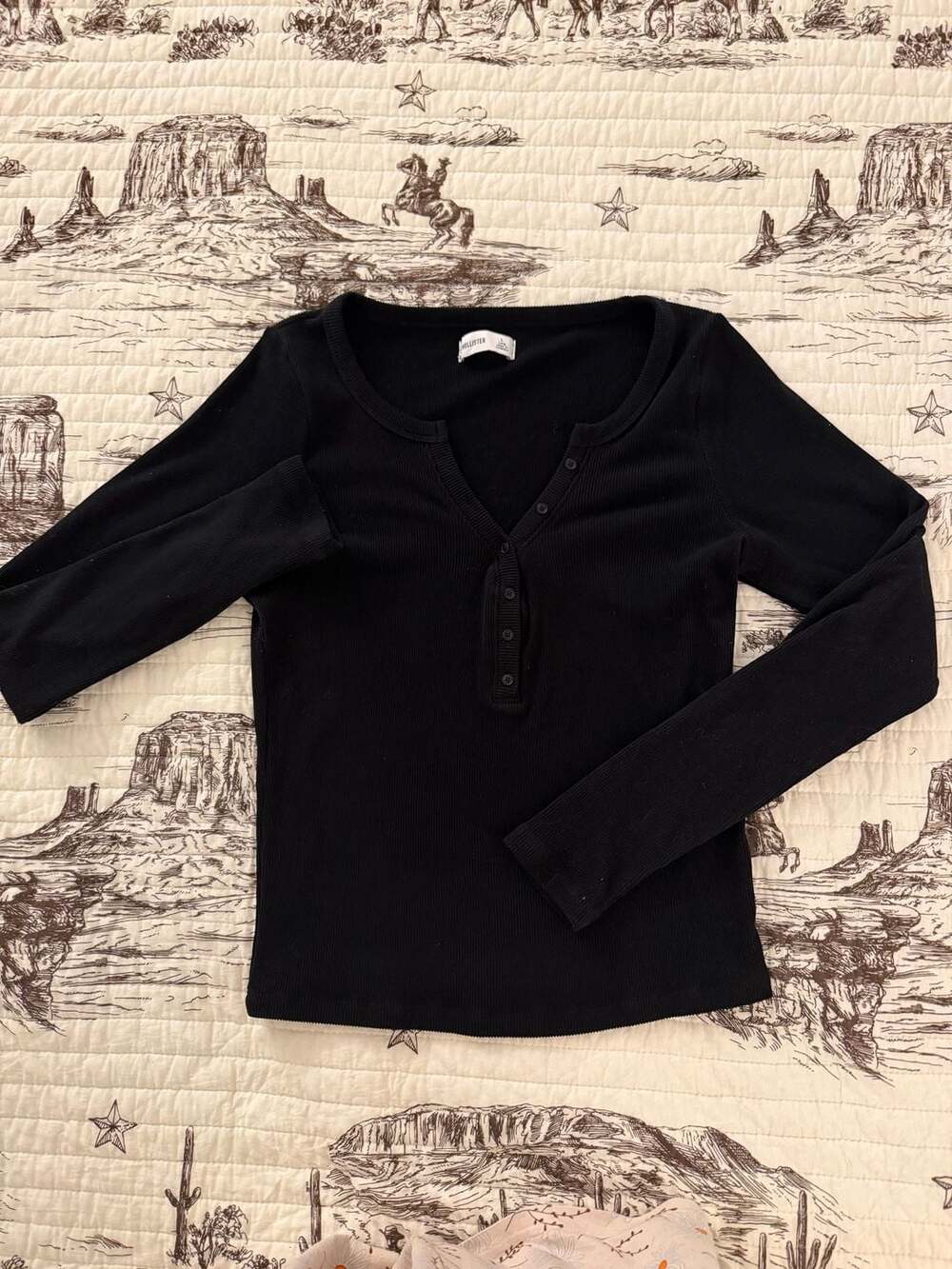 Hollister Ribbed Henley Long Sleeve Top Size L Black